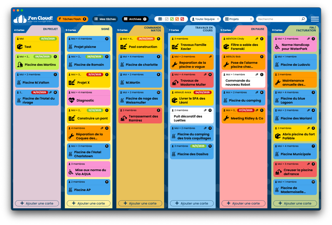 interface Kanban de J'en Cloud! La meilleure alternative à Trello, Jira, Asana et Microsoft To Do